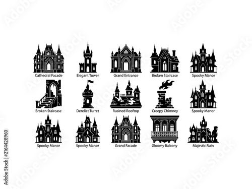 Black gothic architecture silhouettes set featuring spooky cathedral facade and manor ruins.