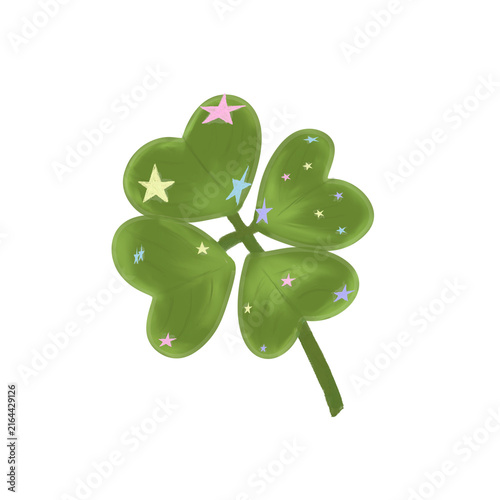 Foto Lucky clover with touch of colorfull stars and white backround
