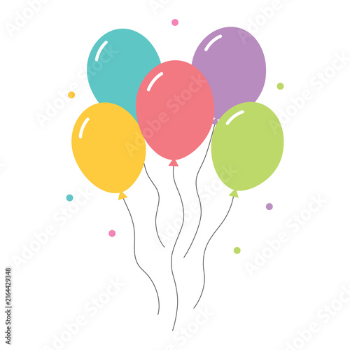 Colorful balloon illustration with 5 pastel balloons, confetti dots and flowing strings on a clean white background. Cheerful festive design for celebration, party, birthday, holiday special events