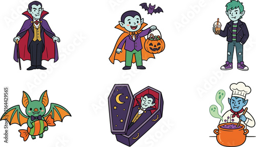 Cute Pixel Art Vampire Characters and Halloween Icons Set