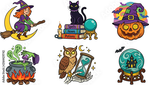 Pixel Art Witchcraft Icon Set Featuring Halloween Magic Symbols and Spooky Elements