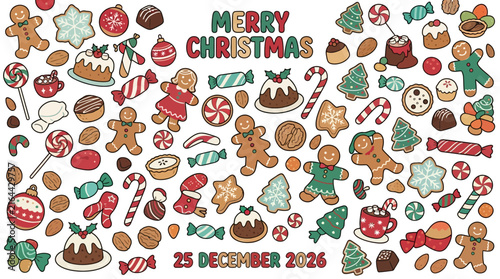 Large collection of Christmas holiday doodles featuring sweets, gingerbread, and seasonal treats.
