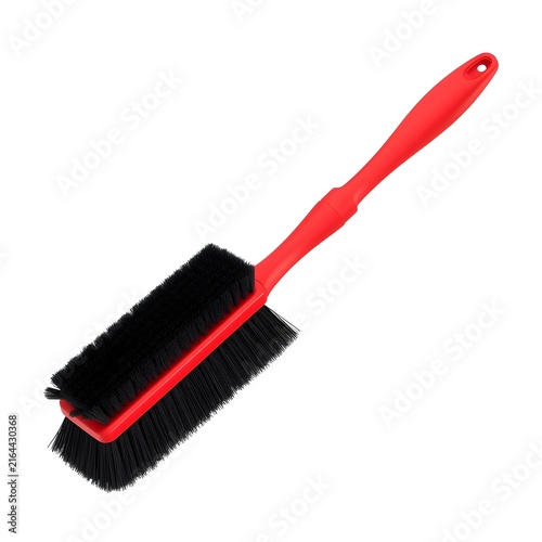Red Handheld Cleaning Brush with Black Bristles Isolated on White Background