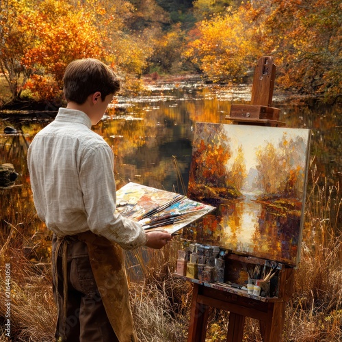 Young Male Painter Creating Autumn Landscape on Canvas Near River in Forest