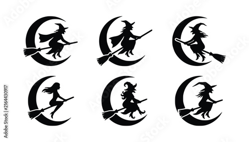 Obraz na płótnie Black silhouette collection of mystical witches flying on broomsticks against crescent moon background perfect for spooky Halloween graphic elements