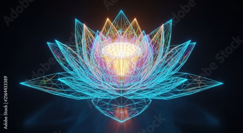 Neon glowing lotus flower with digital wireframe structure on black illustration