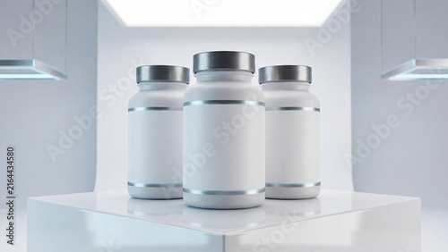 Three white blank supplement bottles with silver caps stand arranged neatly on a shiny white podium inside a bright modern studio setting for professional product branding and medical cosmetic display