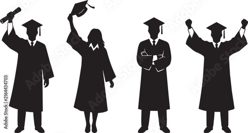 Four Graduates Celebrating Graduation with Diplomas and Caps Silhouettes

Black silhouettes of four graduates wearing academic gowns and mortarboards, celebrating academic success with raised arms and