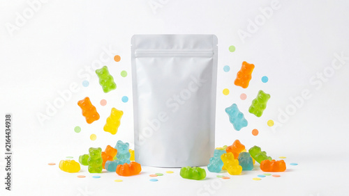 White plastic pouch mockup standing centered with vibrant colorful gummy bear candies floating around in bright studio lighting creating a playful commercial display for delicious sweet fruit sugar sn