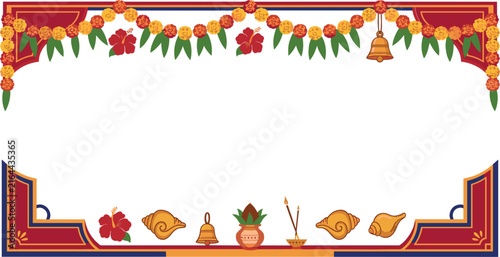 Traditional indian wedding invitation border design with floral motifs and decorative elements on a white background