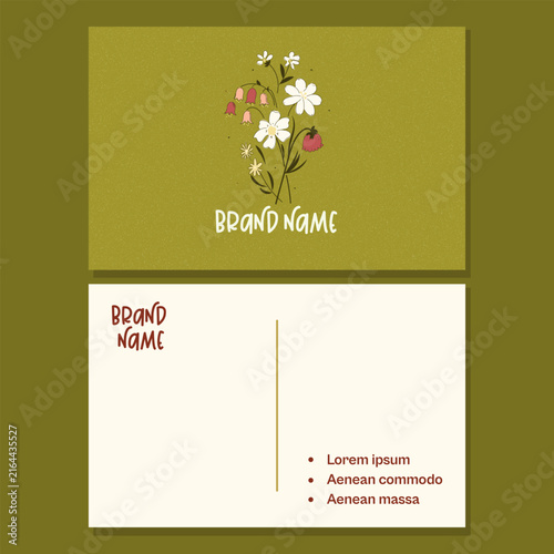 Vintage-style double-sided business card template with a hand-drawn wildflower bouquet — daisies, bellflowers, and strawberry — on a textured olive-green background. Great for florist branding, boutiq