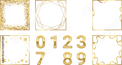 Set of decorative golden square frames and numbers isolated on a white background for design projects