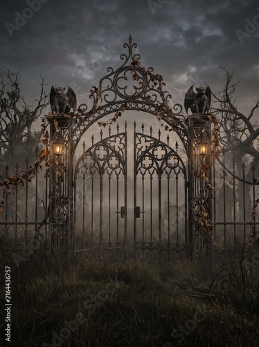 Spooky haunted cemetery iron gate in a dark foggy night landscape