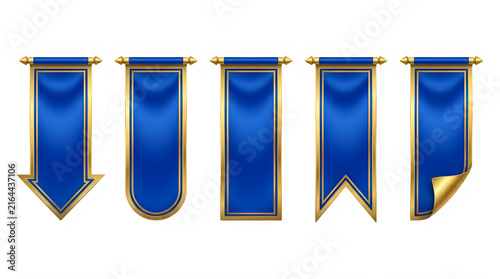 Set of blue velvet banners with gold trim and hanging rods for royal heraldry design
