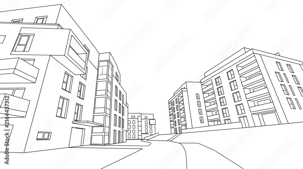 Fototapeta premium Modern residential buildings outline vector perspective illustration for urban development and real estate marketing.
