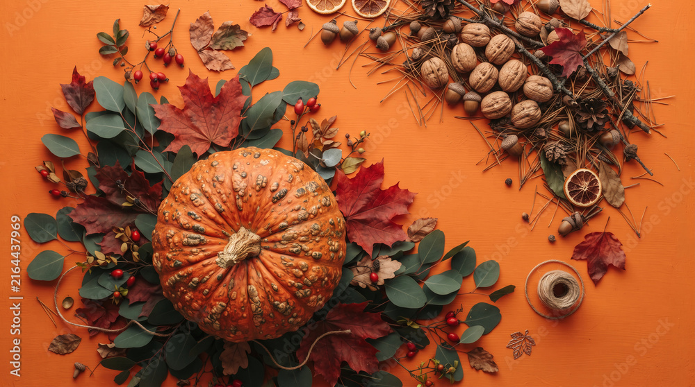 Fototapeta premium Autumn harvest arrangement with a bumpy orange pumpkin, eucalyptus, rosehips, acorns, walnuts, pinecones, and dried leaves on orange surface, symbolizing fall.