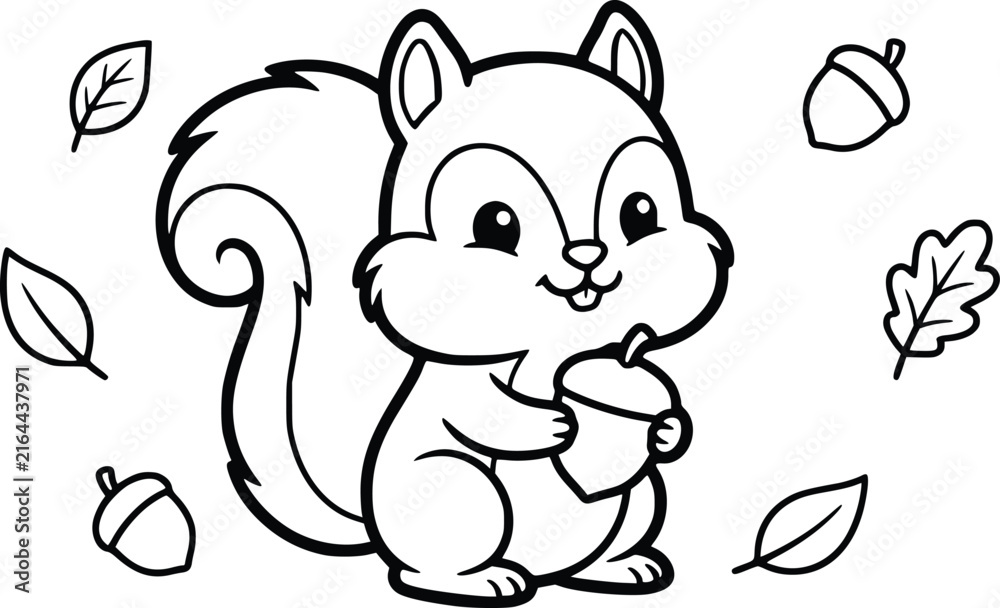 Fototapeta premium Cute squirrel coloring page vector illustration, black and white outline animal art for kids activity book, autumn forest wildlife line art design
