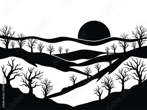 Minimalist black and white illustration of a stark winter landscape with bare trees under a setting sun