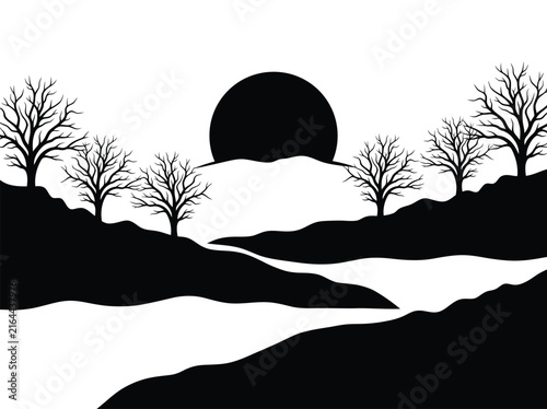 Minimalist black and white silhouette landscape illustration featuring bare winter trees and a rising sun