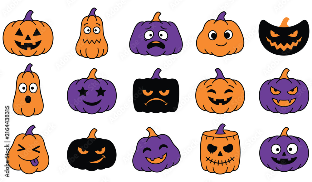 Fototapeta premium Halloween Pumpkin Cartoon Collection Cute Spooky Jack O Lantern Characters Set For Halloween Party Designs