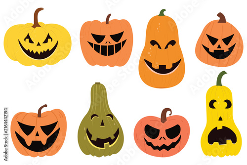 Halloween pumpkins vector set. Pumpkin head set. Vector halloween pumpkin collection. Funny cute smiling pumpkins in flat design. Holidays cartoon character in flat style collection.