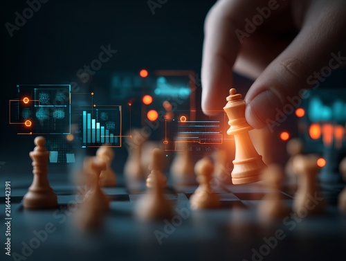 A hand moves a king chess piece across a board, symbolizing strategic decision-making amidst digital data streams