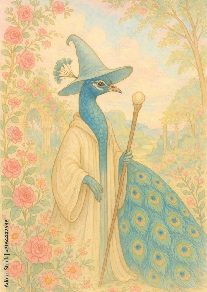 Fototapeta premium Whimsical peacock wizard illustration