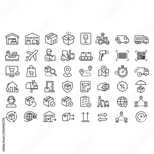 48 Delivery icon set shipping logistic, courier transportation, parcel tracking and Collection line icon vector illustration