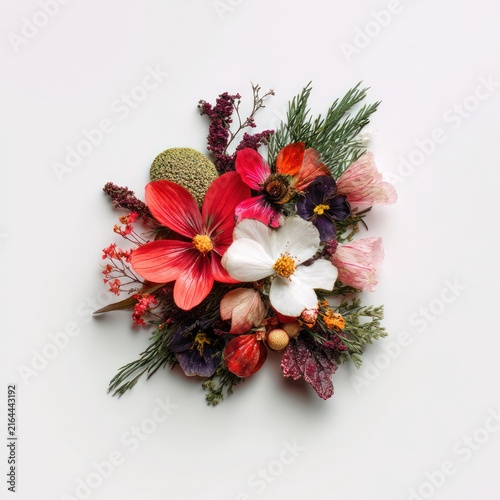 Colorful Floral Arrangement with Red Pink White Purple Green Elements on White Background