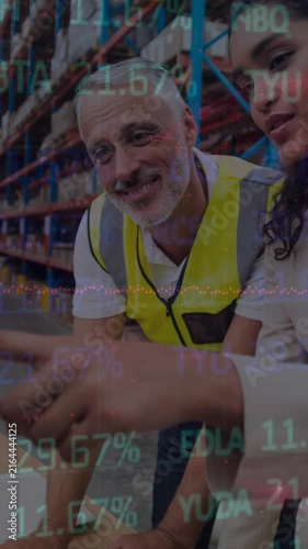 Animation of data processing over people working in warehouse