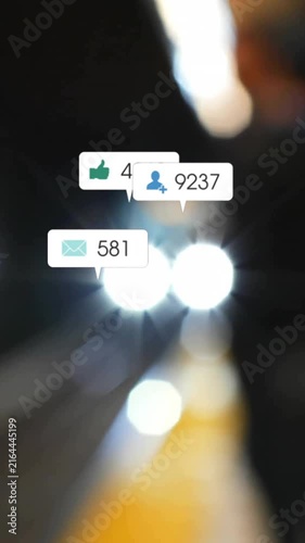 Animation of social media icons with numbers over train station