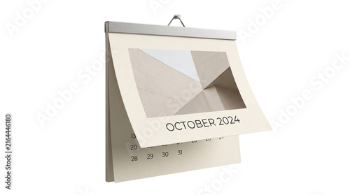 October 2024 Calendar Page: A crisp page from a wall calendar, showcasing OCTOBER 2024, reveals a stylized abstract geometric design, poised to turn and reveal the coming month.