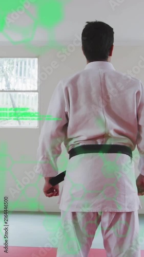 Martial artist in white uniform with green belt, processing scientific data animation