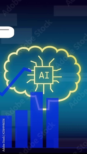 AI and data processing animation over bar graph and speech bubbles