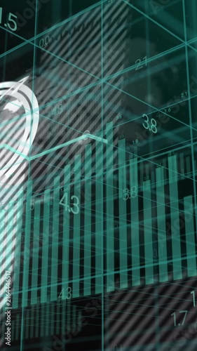 Financial data and bar chart analysis animation over grid background