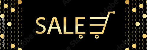 Elegant black and gold sale banner with stylized word SALE. The design is framed by modern geometric honeycomb patterns with gold gradients on both sides, making it perfect for luxury retail promotion