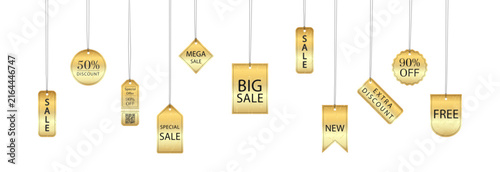 Elegant vector collection of premium gold price tags and sale labels hanging on black threads on white background. Contains various shapes including circles, rectangles and diamonds with texts, perfec