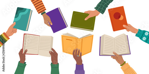 People exchanging books, reading together, recommend literature. Education and knowledge concept. Literary community. Hand drawn vector illustration isolated on white background, flat cartoon style.