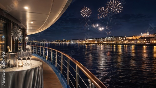 Empty riverboat deck overlooking city fireworks, ideal for New Year cruises, hospitality packages and waterfront event promotions