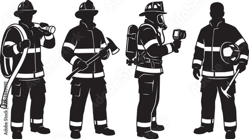 Four professional firefighters in full gear standing ready for emergency response duty

Team of emergency responders prepared for rescue operations in high-risk scenarios