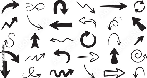 Collection of black arrow and swirl shapes on a white background