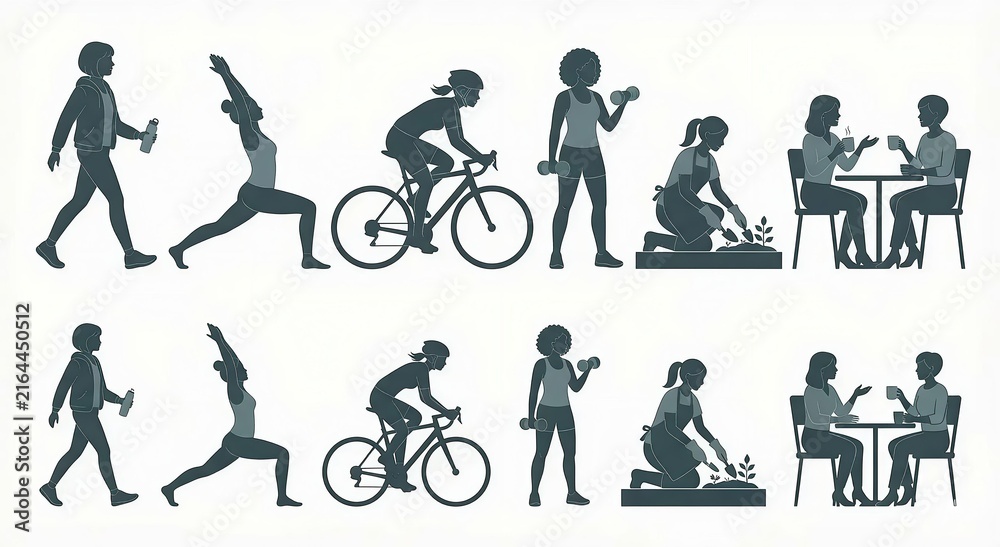 Fototapeta premium Healthy Lifestyle Activities – Women Walking, Yoga, Cycling, Weightlifting, Gardening and Socializing Vector Illustration