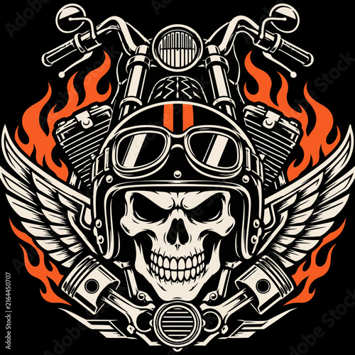 Obraz na płótnie Vintage Skull Biker with Motorcycle, Wings and Flames