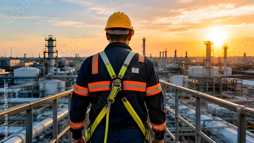 Industrial engineer wearing hard hat and safety harness standing at refinery factory plant during sunset