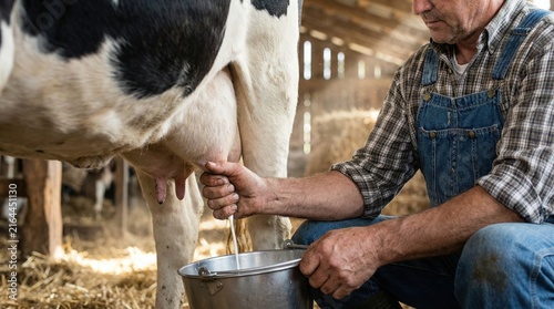 A farmer sits on a stool milking a cow in a barn. Sunlight comes through the wooden beams. The barn has straw on the floor