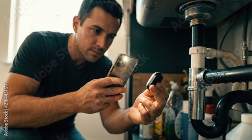 A person looks closely at pipes under a kitchen sink while using a phone light to check for problems. Cleaning products are nearby