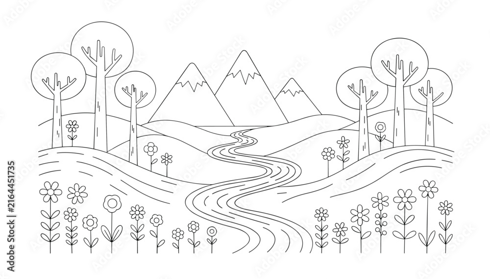 Fototapeta premium Coloring book landscape page with trees, mountains, a winding river, and a field of beautiful flowers for kids.