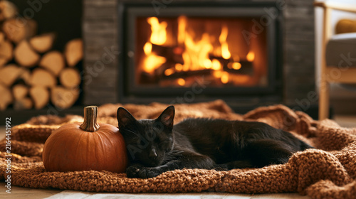 Cozy black cat sleeping by a warm fireplace with a pumpkin