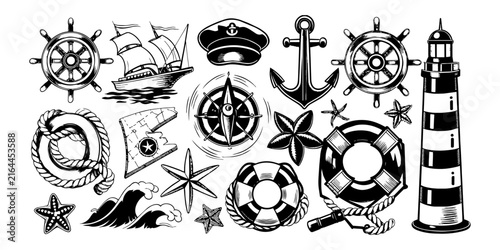 Nautical elements set vintage woodcut style vector illustration