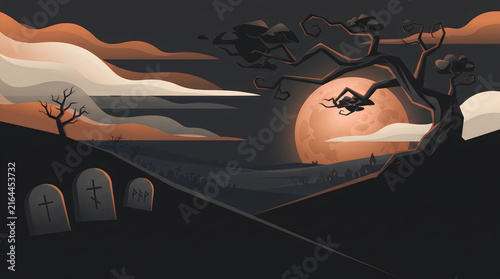 Spooky Halloween Cemetery Full Moon Landscape Background
